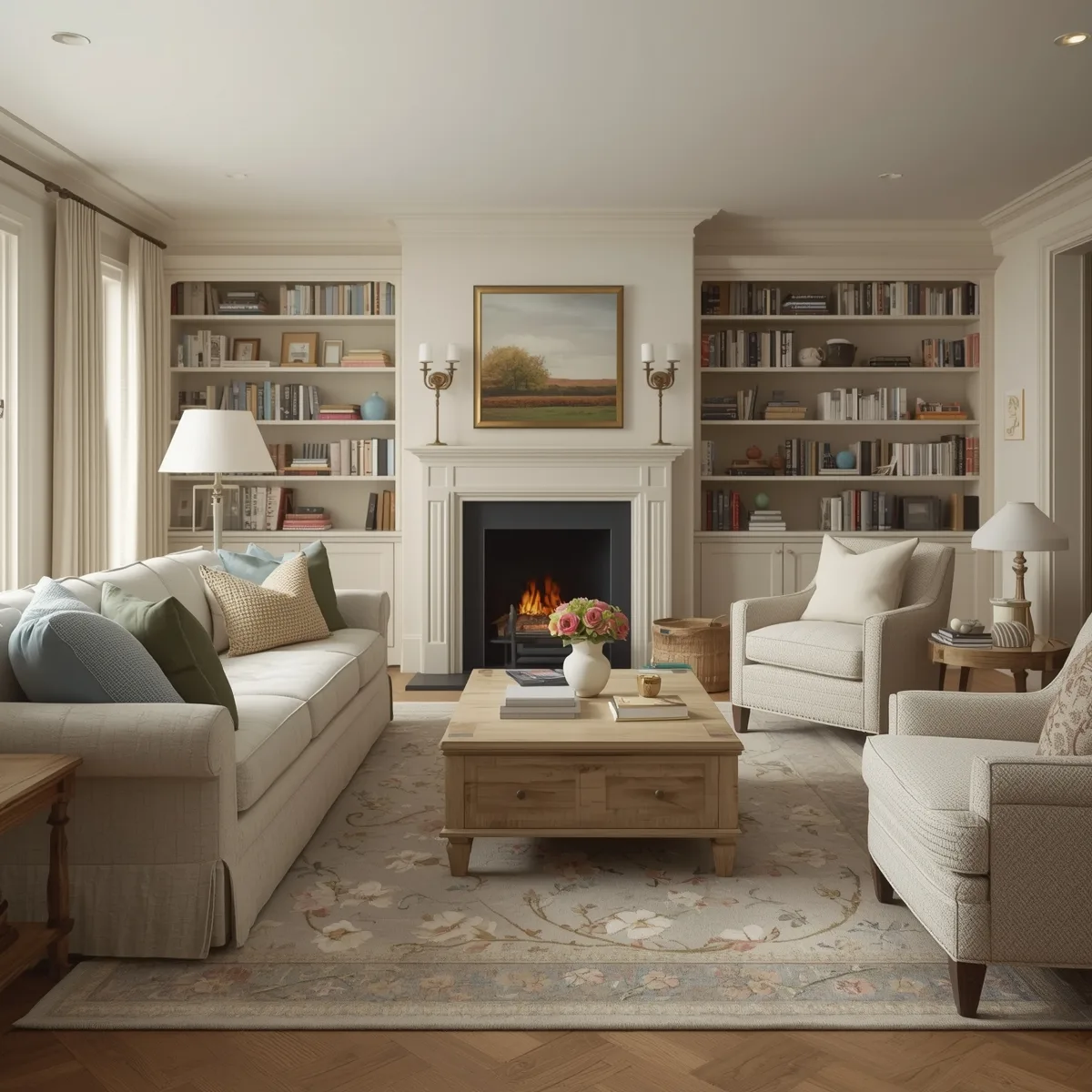 Un salon cosy de cottage anglais avec canapé moelleux, cheminée en pierre, bibliothèque et textiles doux aux couleurs apaisantes