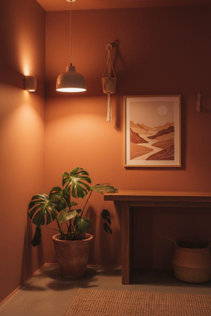 Coin de couloir aux couleurs terre (terracotta) au crépuscule, avec peinture couloir, luminaires en céramique allumés, console en bois massif, plante monstera et déco murale naturelle.
