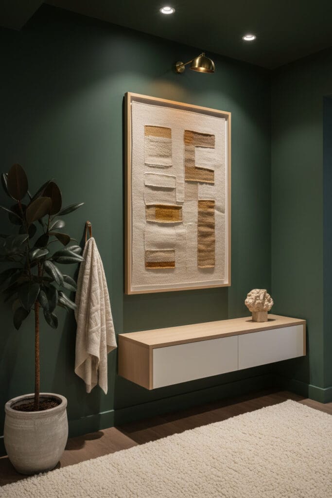 Coin de couloir moderne avec peinture couloir vert forêt, éclairage sur rail, console blanche flottante, œuvre d'art textile et accroche murale en cuir