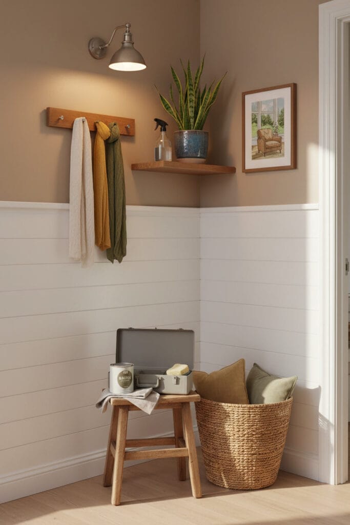 Coin de couloir pratique avec peinture couloir satinée, lambris de protection, outils d'entretien (boîte à peinture, chiffon) et déco murale sobre, éclairé en fin de journée.