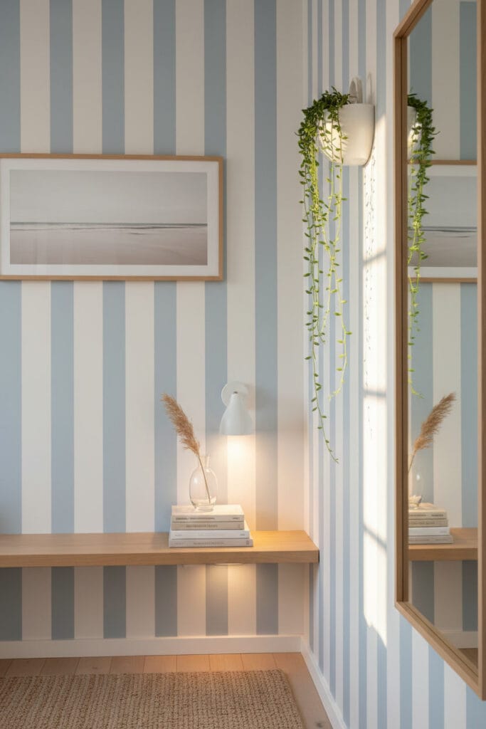 Coin de couloir style scandi-côtier avec peinture couloir à rayures verticales bleu pâle et blanc, éclairage orienté vers le haut, étagère flottante, miroir mince et illustration de plage, en fin de journée.
