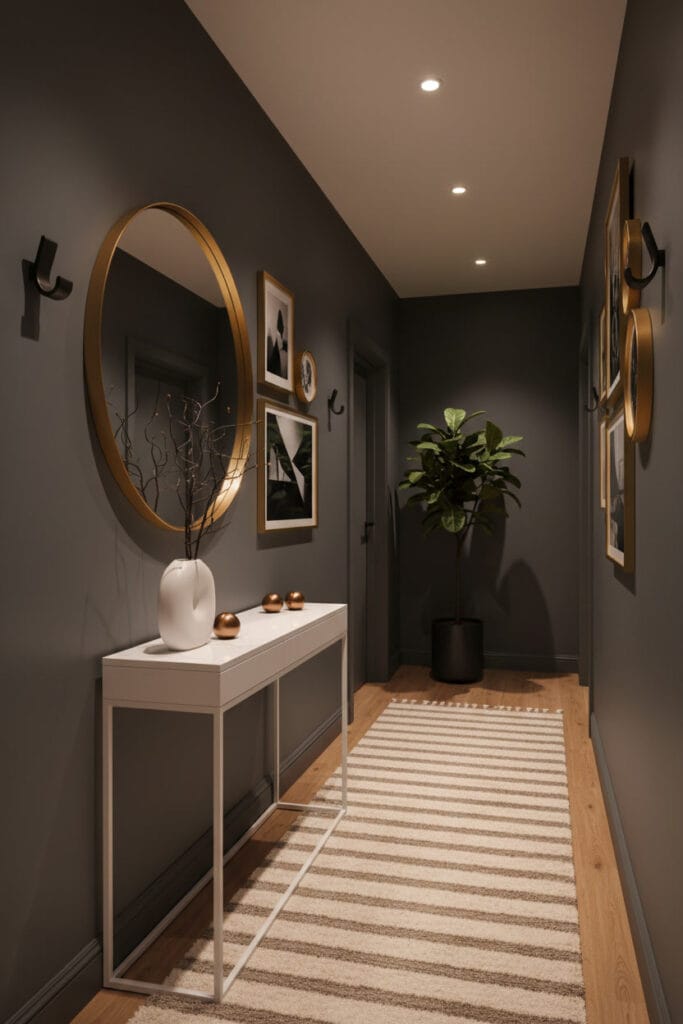 Couloir d’appartement moderne peint en gris anthracite, ambiance soirée cosy, avec éclairage LED tamisé, console blanche, miroir doré, tapis en laine et plantes vert foncé.