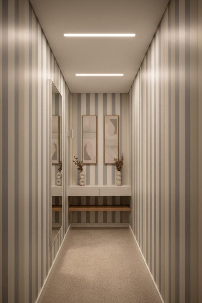 Couloir étroit d’appartement en soirée avec rayures verticales gris perle et blanc cassé, éclairage chaud dirigé vers le plafond, miroir sans cadre et mobilier suspendu.