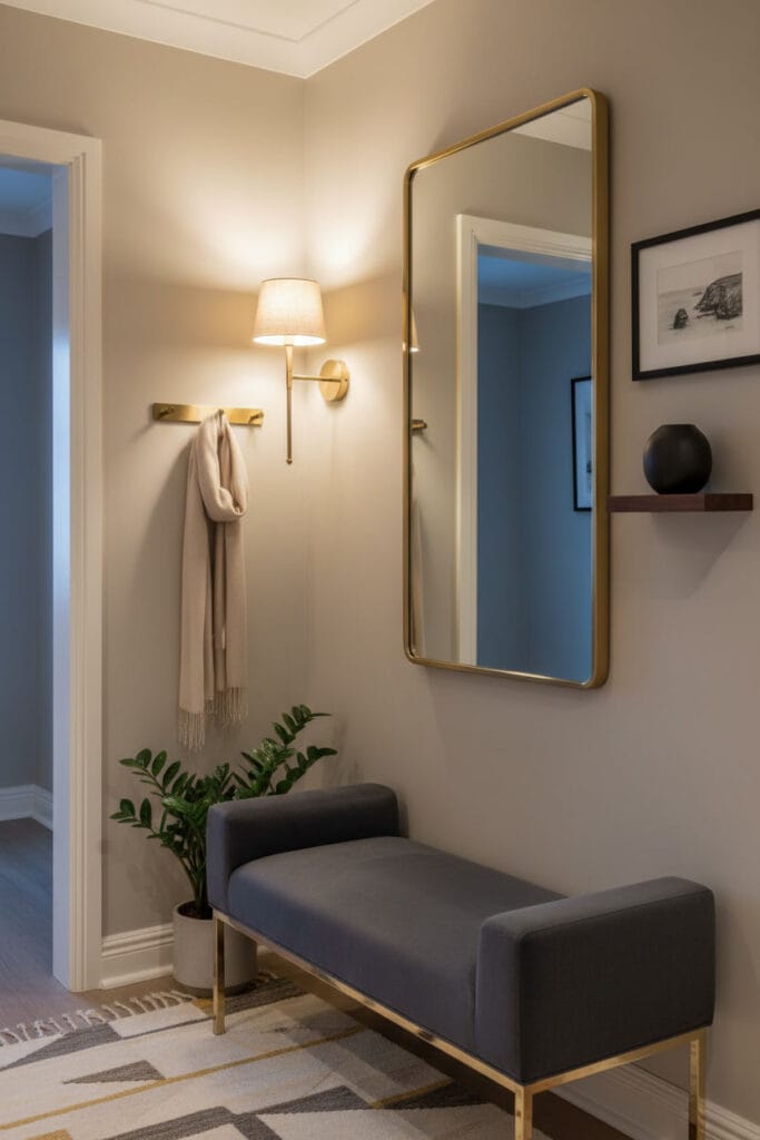 Coin de couloir élégant avec peinture couloir gris perle, accents laiton, miroir doré, banc velours anthracite et déco murale cosy, éclairé en fin de journée.