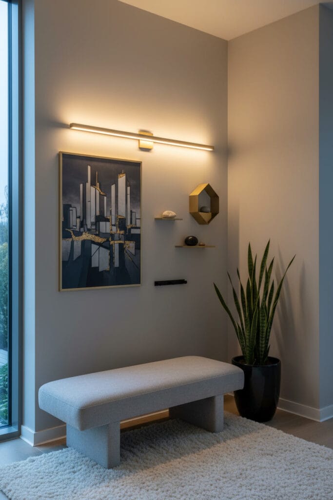 Coin de couloir moderne avec peinture couloir gris clair, éclairage LED laiton, banc bouclé, plante serpent et déco murale graphique