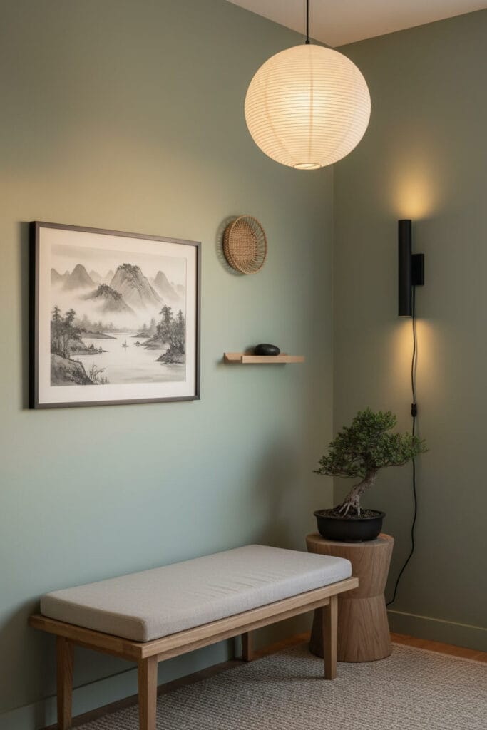 Coin de couloir Japandi avec peinture couloir vert sauge, éclairage en papier washi, banc en frêne, bonsaï et déco murale asymétrique (peinture à l'encre), en fin de journée.