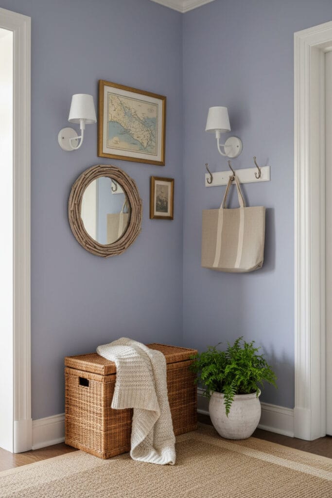 Coin de couloir style côtier avec peinture couloir bleu lavande, appliques en céramique blanche, panier en osier, miroir en bois flotté et déco murale maritime, éclairé en fin de journée.