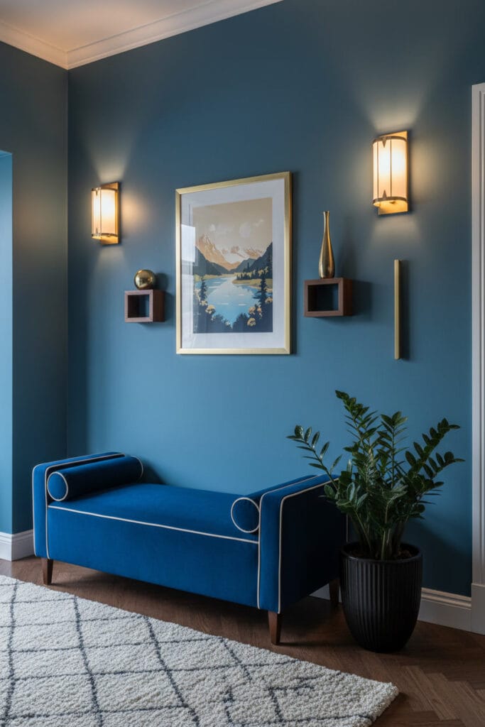 Coin de couloir style Art Déco avec peinture couloir bleu paon, appliques géométriques laiton, banc velours bleu, tapis motif géométrique et déco murale symétrique, éclairé au crépuscule.