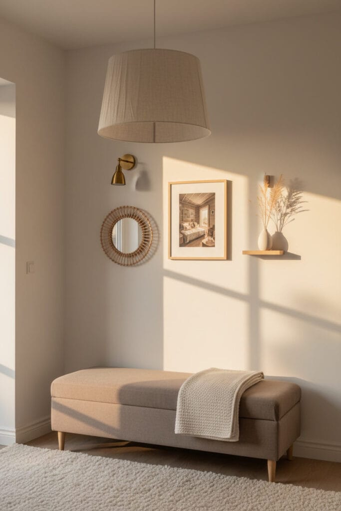 Décoration murale cosy dans un couloir en fin de journée : peinture blanc chaud, banc bouclé, illustration de cabin, miroir en rotin et bouquet séché.