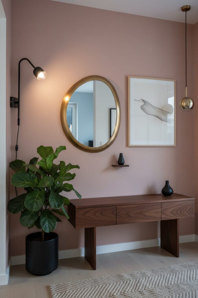 Coin de couloir moderne organique avec peinture couloir rose poudré, console en noyer, miroir forme organique laiton, plante caoutchouc et déco murale épurée, éclairé au crépuscule.