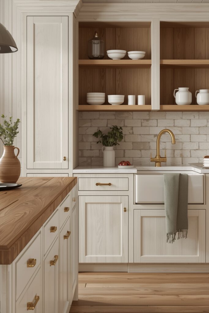 Cuisine Campagne Chic avec îlot en bois huilé, crédence carreaux artisanaux et finitions laiton brossé.
