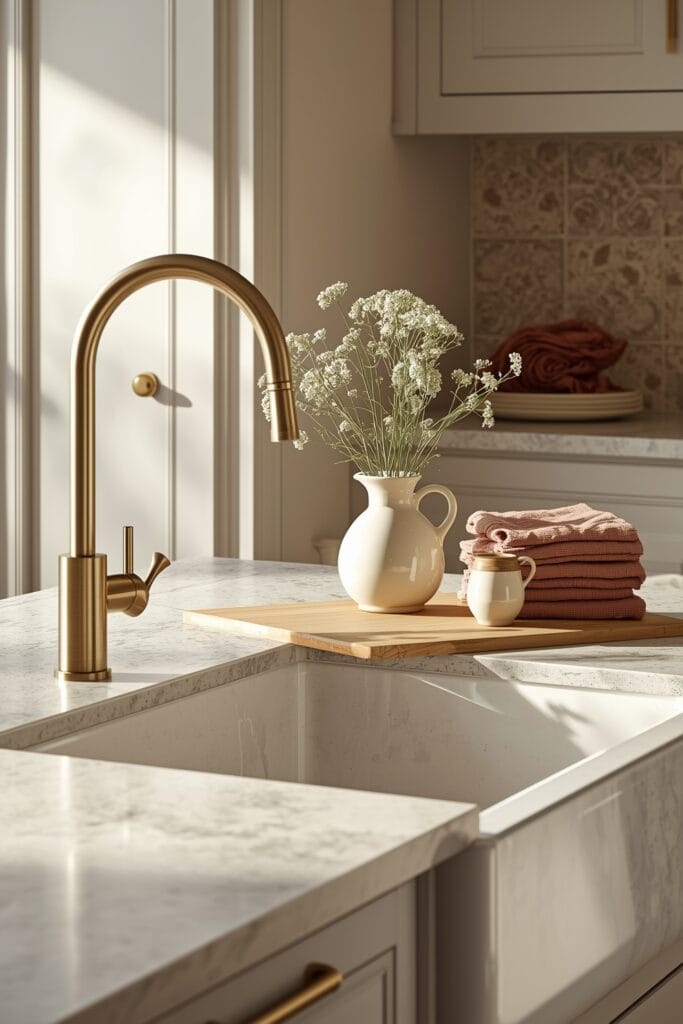 Détails d'une Cuisine Campagne Chic : robinetterie laiton, pierre naturelle et accessoires artisanaux.
