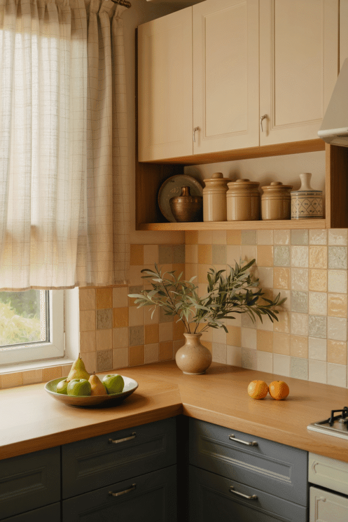Cuisine Campagne Chic avec tons soutenus bleu nuit et gris anthracite pour une élégance profonde.
