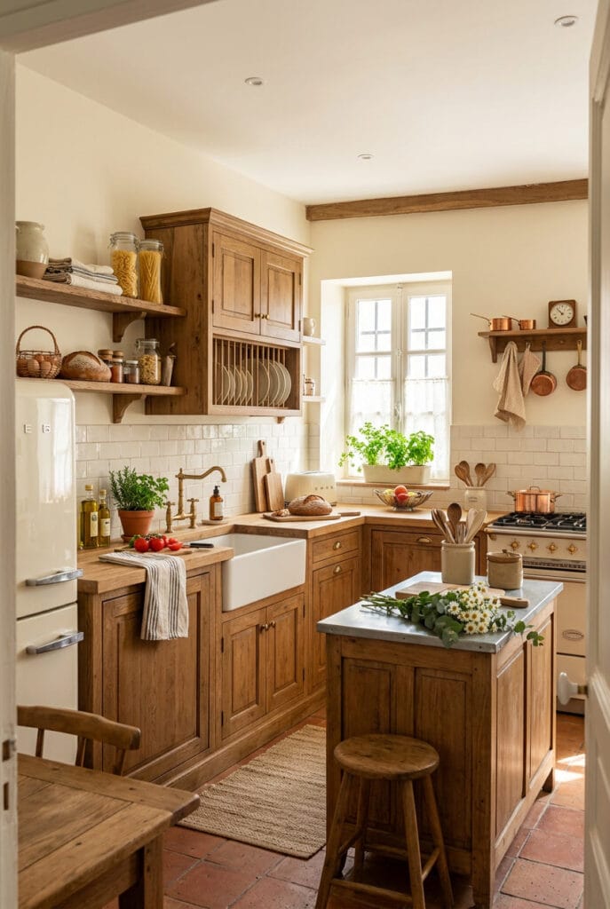 Cuisine campagne chic avec bois massif patiné et matériaux naturels bruts