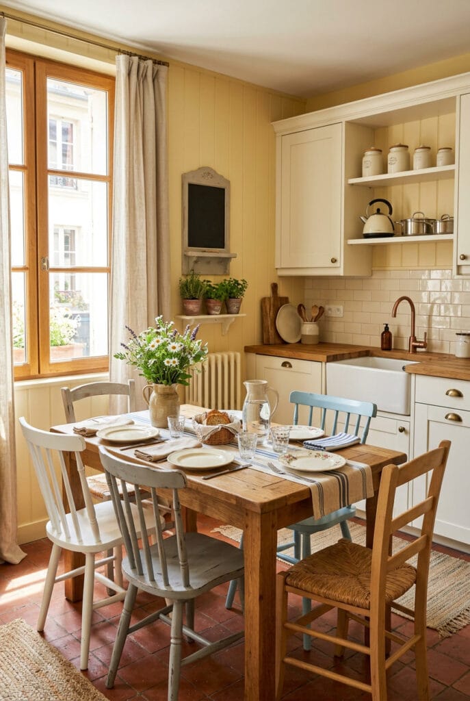 Coin repas cuisine campagne chic table bois massif chaises dépareillées atmosphère convivial