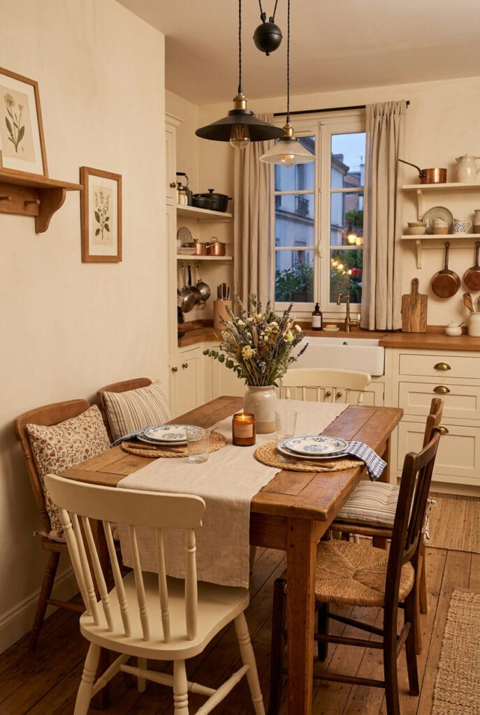 Cuisine campagne chic textiles lin fleurs séchées bougies ambiance douce et raffinée