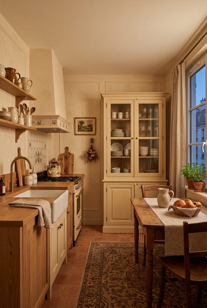 Cuisine campagne chic meubles bois massif armoire portes vitrées vaisselle exposée