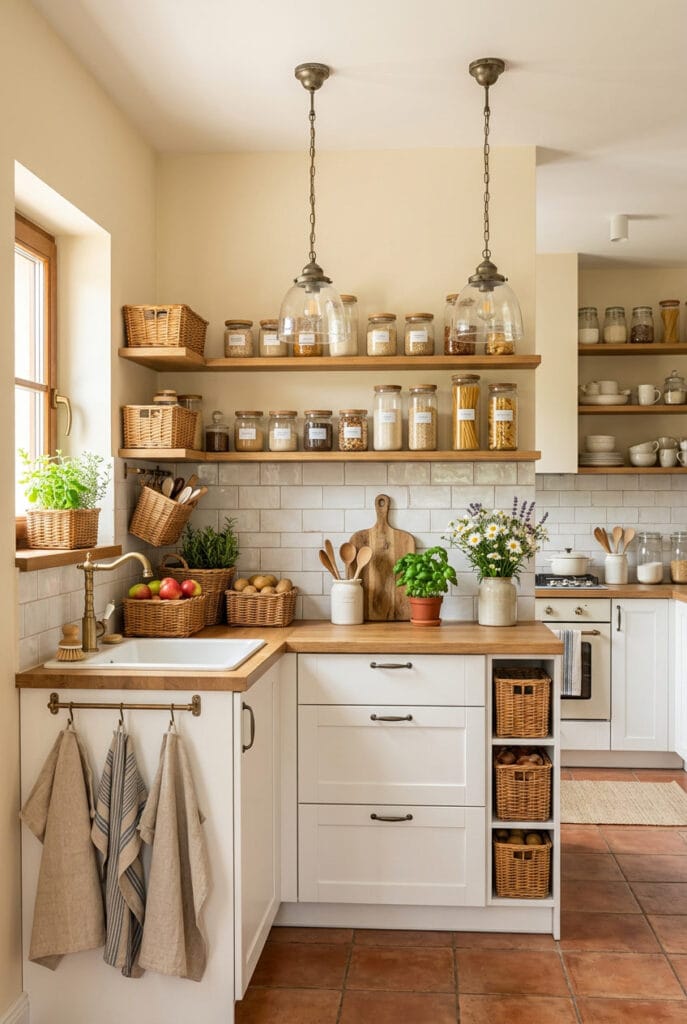 Cuisine campagne chic accessoires torchons lin paniers osier suspensions métal vieilli verre soufflé