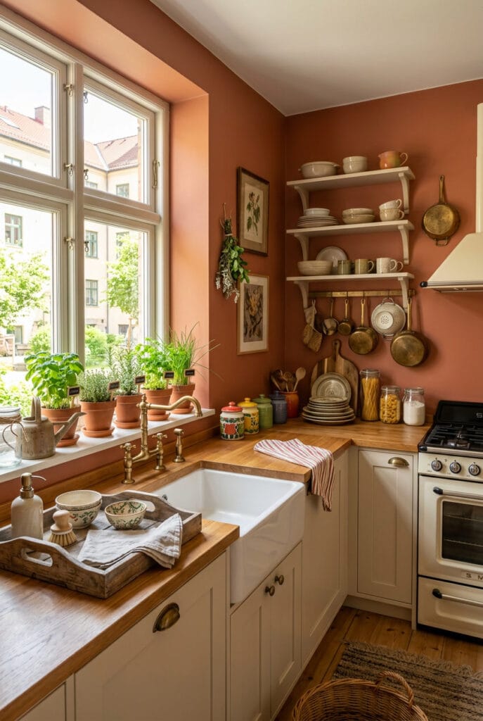Cuisine campagne chic herbes aromatiques fenêtre plateau bois patiné poignées laiton cuivre vieilli