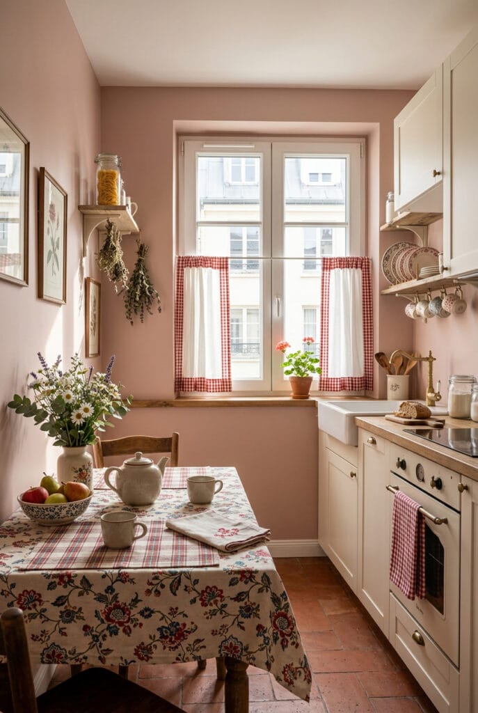 Cuisine campagne chic textiles nappes motifs floraux carreaux traditionnels esprit champêtre