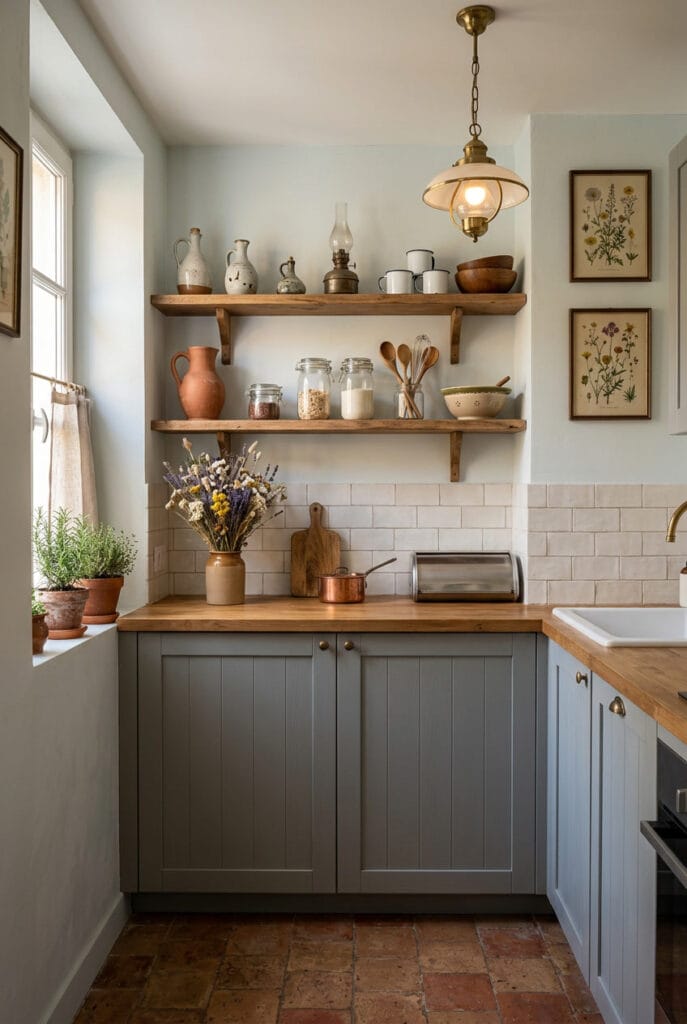 Cuisine campagne chic fleurs séchées plan travail cadres illustrations champêtres ambiance cosy
