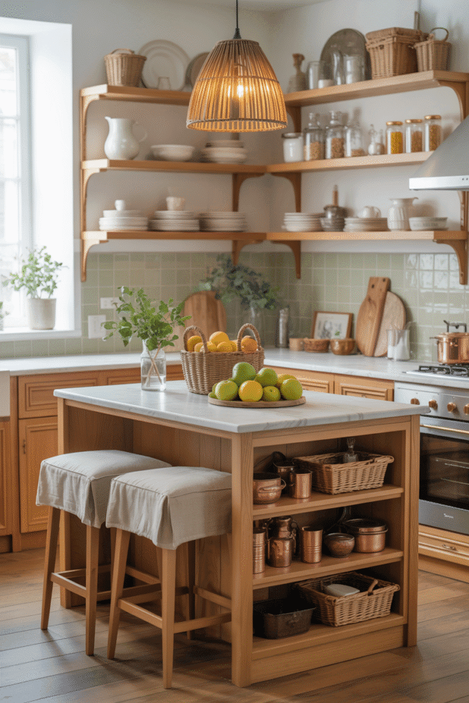 Cuisine Campagne Chic optimisée avec étagères ouvertes, paniers osier et îlot multifonction.