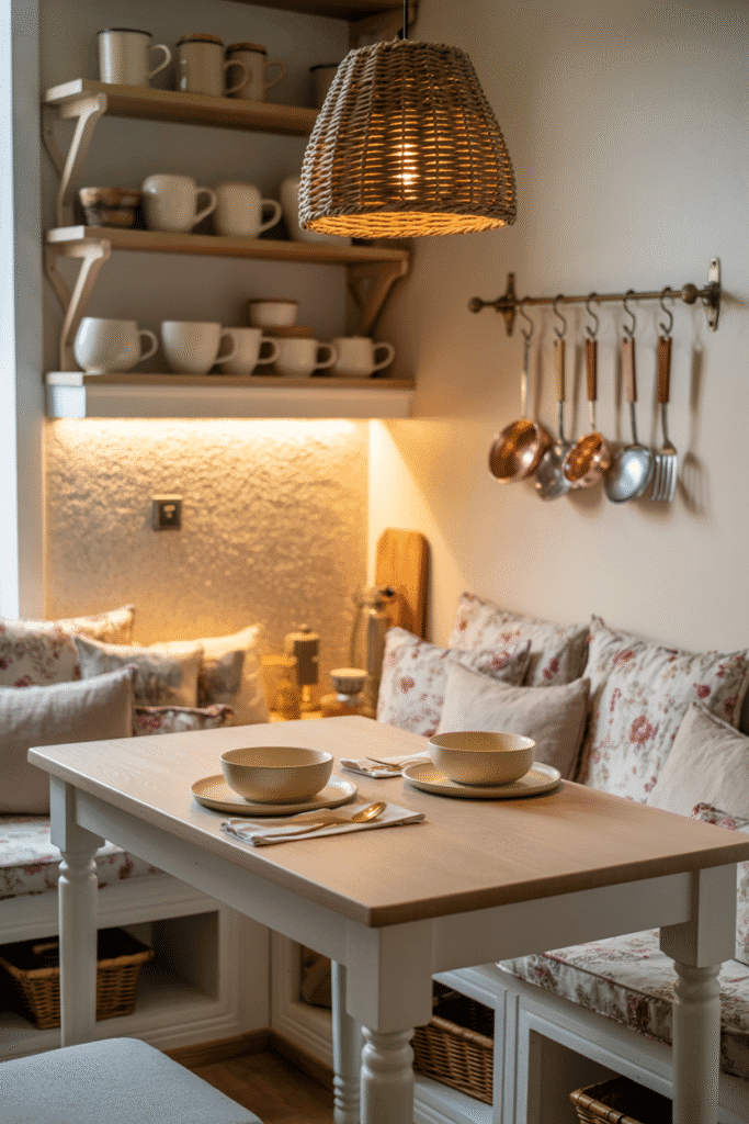 Cuisine Campagne Chic avec table multifonction et éclairage pendentif pour petit espace.