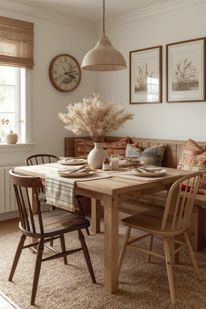 Cuisine Campagne Chic avec coin repas convivial en bois massif et banquette cosy.