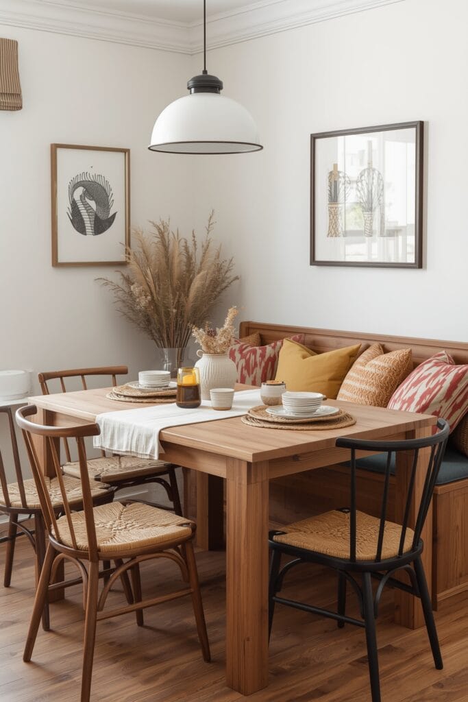 Cuisine Campagne Chic avec coin repas élégant et banquette colorée.