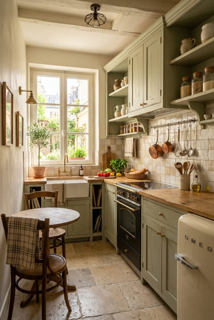 Cuisine campagne chic avec crédence en carreaux artisanaux et sol en pierre naturelle