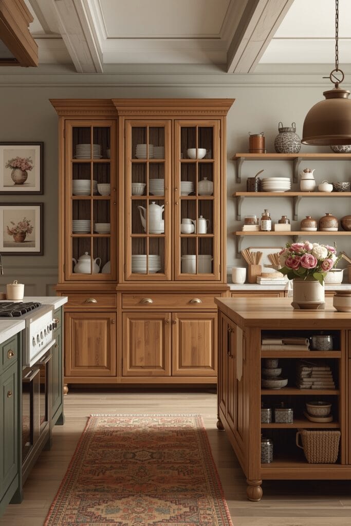 Cuisine Campagne Chic avec armoire vitrée et îlot central en bois massif.