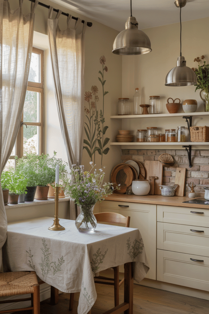 Cuisine Campagne Chic avec accessoires décoratifs, paniers, bocaux et suspensions artisanales.
