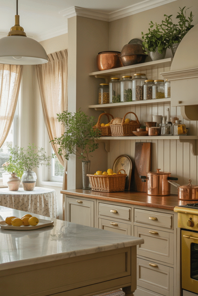 Cuisine Campagne Chic avec îlot central, étagères ouvertes et accessoires cosy.