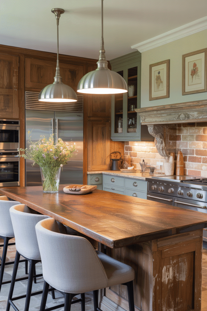Cuisine Campagne Chic avec îlot en bois patiné et tabourets design.