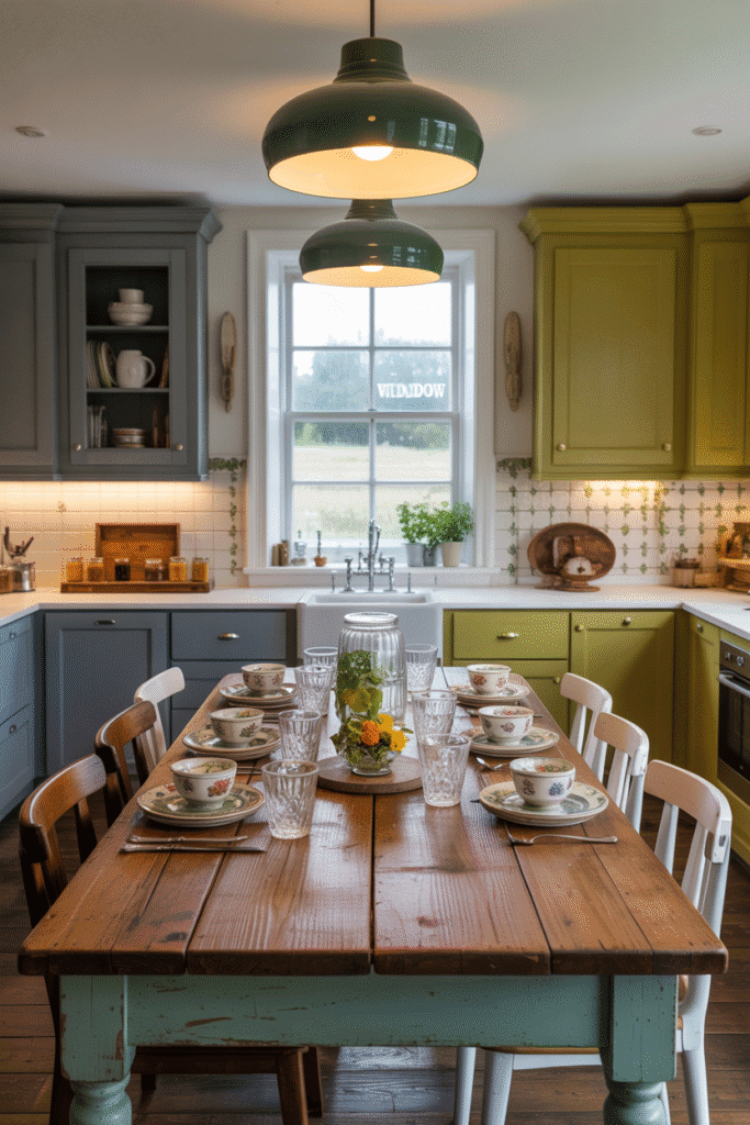 Cuisine Campagne Chic avec meubles vintage restaurés et luminaires contemporains.