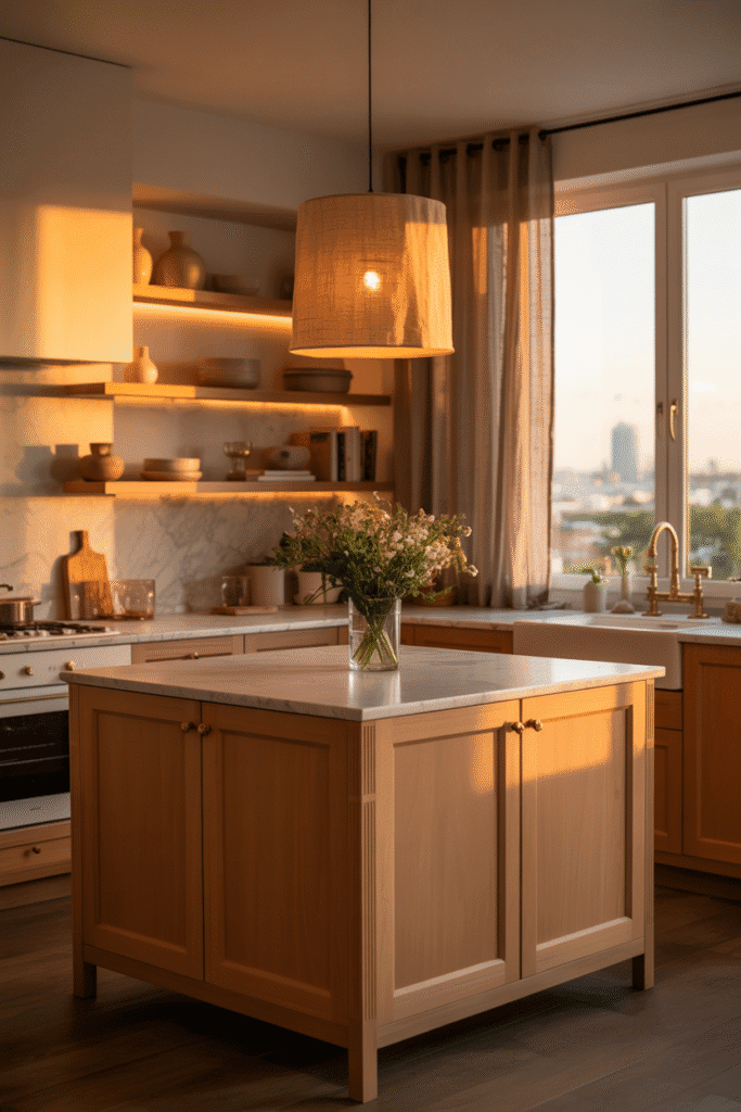 Cuisine Campagne Chic inondée de la lumière dorée du crépuscule dans un appartement, avec suspensions en lin et grandes fenêtres.
