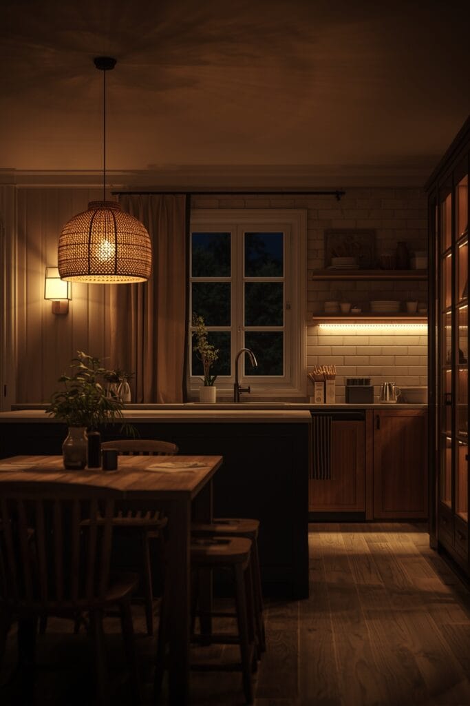 Éclairage cosy et chaleureux dans une Cuisine Campagne Chic d'appartement, la nuit.
