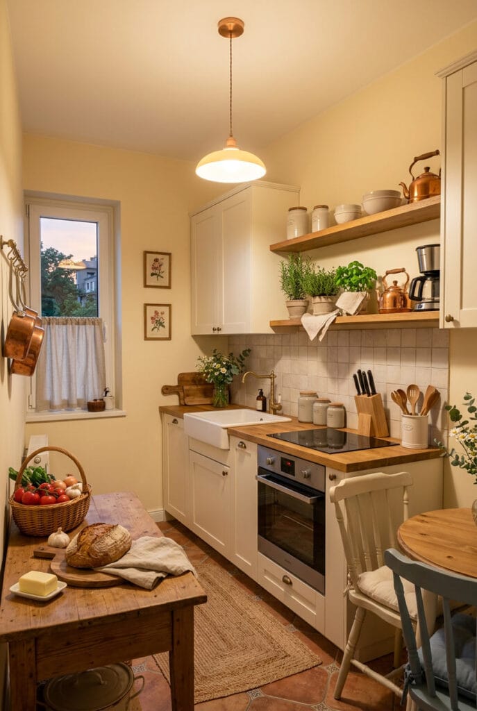 Cuisine campagne chic aux teintes douces blanc cassé lumineuses et apaisantes