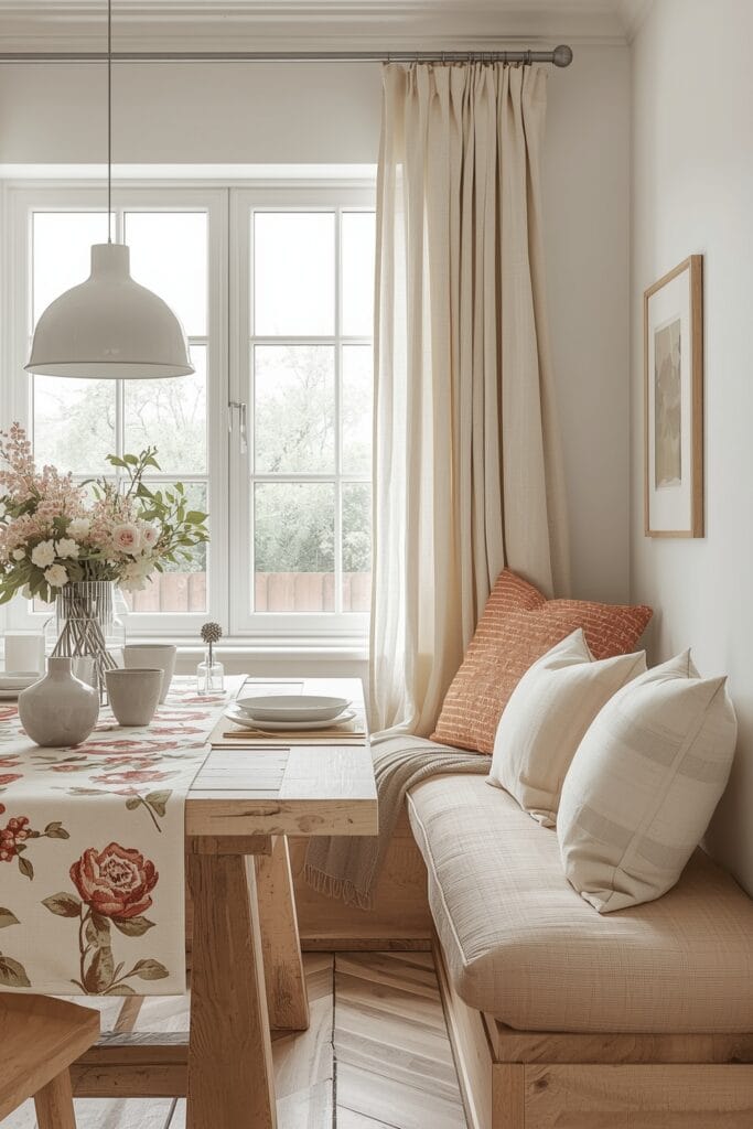 Textiles et motifs dans une Cuisine Campagne Chic : rideaux en lin, nappe florale et coussins.