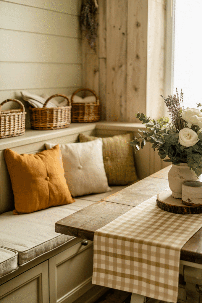 Détails textiles et motifs subtils dans une Cuisine Campagne Chic : coussins, nappe et textures.