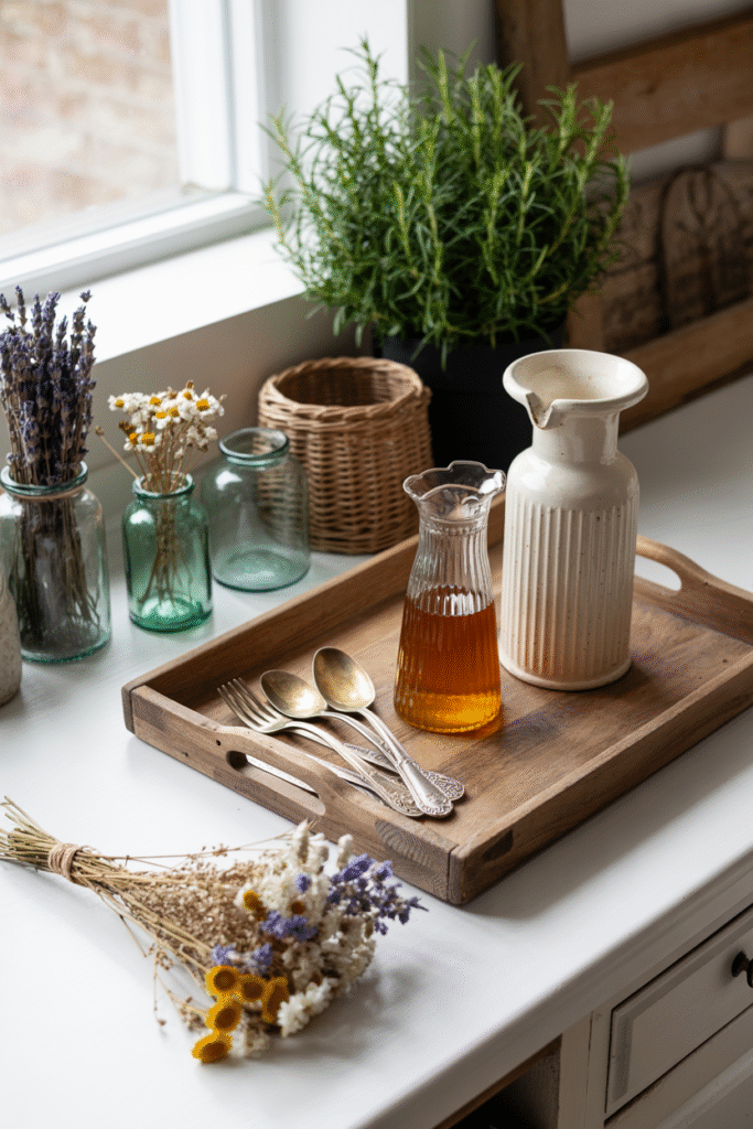 Objets déco uniques et chinés dans une Cuisine Campagne Chic : bocaux, panier en osier et céramique artisanale.