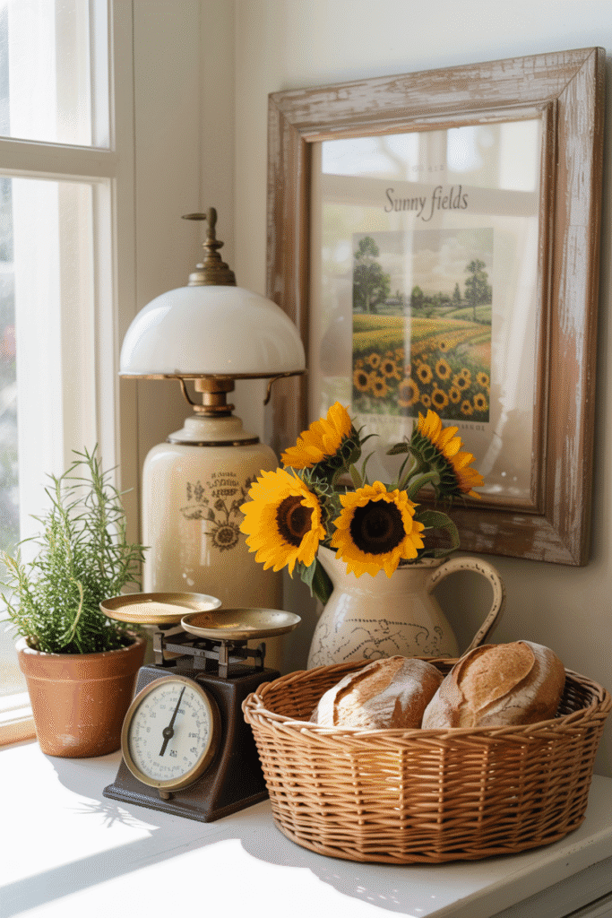 Détails artisanaux et vintage dans une Cuisine Campagne Chic : lampe, cadre champêtre et ustensiles anciens.