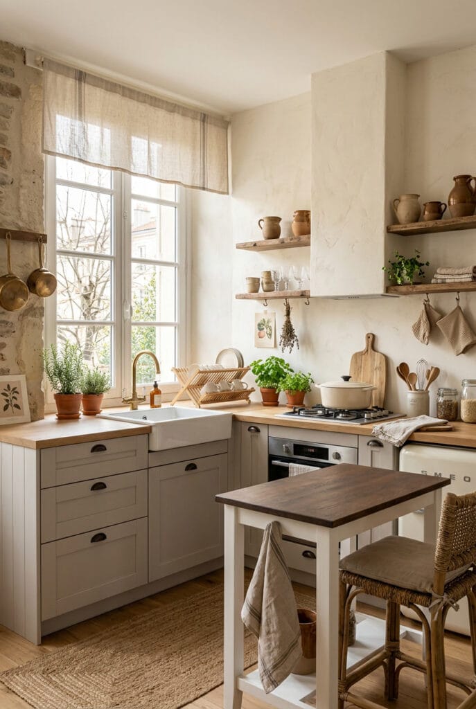 Cuisine campagne chic pierre claire bois foncé rideaux lin contrastes chaleureux