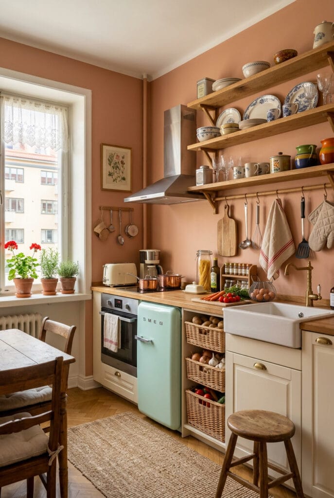 Cuisine campagne chic étagères ouvertes paniers osier rangements pratiques et esthétiques