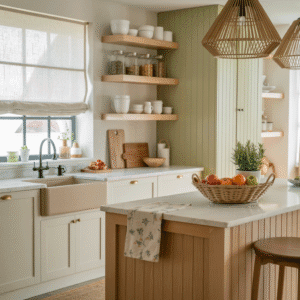 Aménagement d'une Cuisine Campagne Chic avec îlot en chêne, crédence en carreaux artisanaux et accents vert sauge.