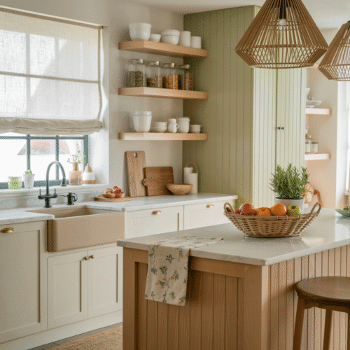 Aménagement d'une Cuisine Campagne Chic avec îlot en chêne, crédence en carreaux artisanaux et accents vert sauge.