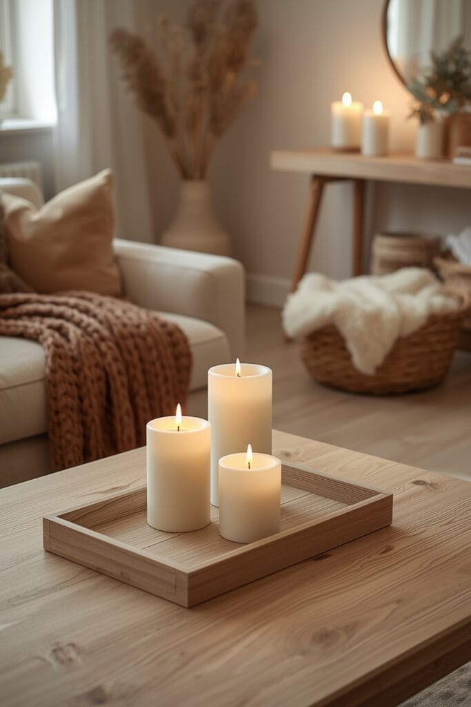décoration hygge - ambiance cosy avec bougies et lueur chaleureuse
