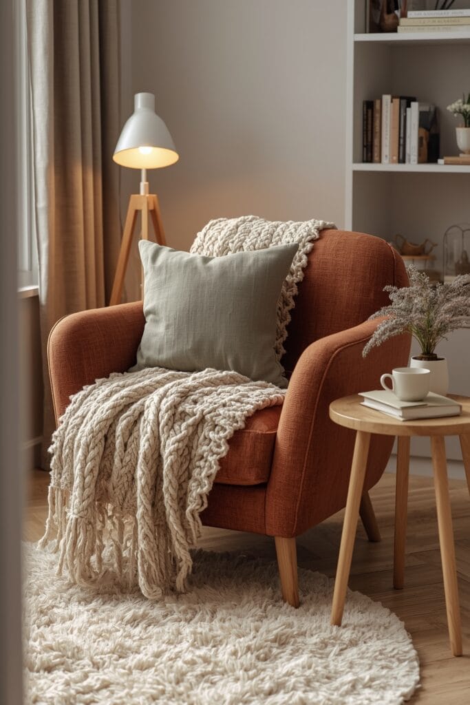 décoration hygge - coin lecture avec fauteuil doux et ambiance cosy