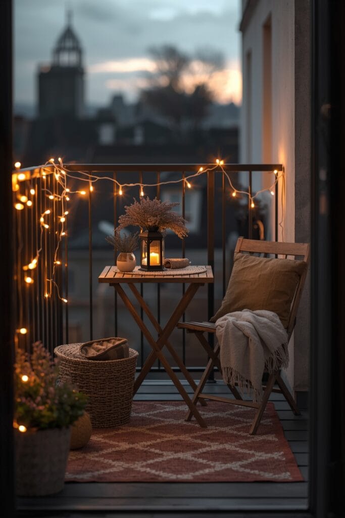 décoration hygge - balcon d'appartement cosy avec vue urbaine