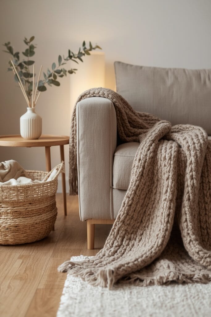 décoration hygge - plaid en laine sur canapé neuf, salon chaleureux et épuré